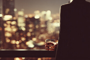Back view of an elegant man holding a glass of an alcohol beverage next to a window