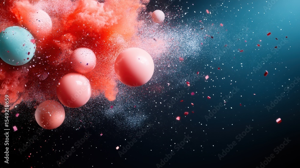 Poster an artistic depiction of an explosion of colors and spheres creating a vibrant atmosphere, blending 