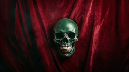 An intriguing artistic representation of a green skull adorned with sparkling gems, creating a striking contrast against a rich red background that evokes themes of life and death.