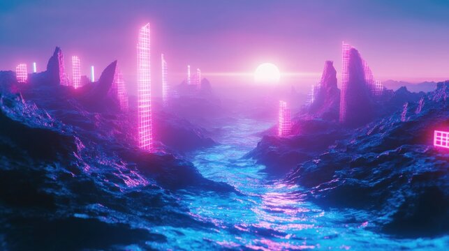 3D render of neon blue and purple waves with a pixelated terrain and structured grid Offers depth and a bold visual impact for futuristic designs