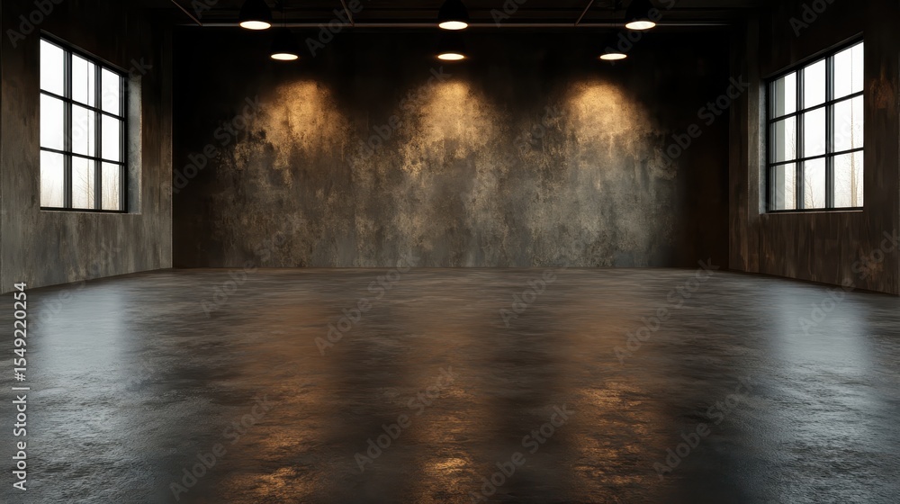 Poster a minimalist industrial interior captures an empty space illuminated by warm rustic lighting, creati