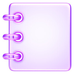 Notebook icon with purple translucent effect, symbolizing notes, documents, journaling, or tasks, 3d rendering