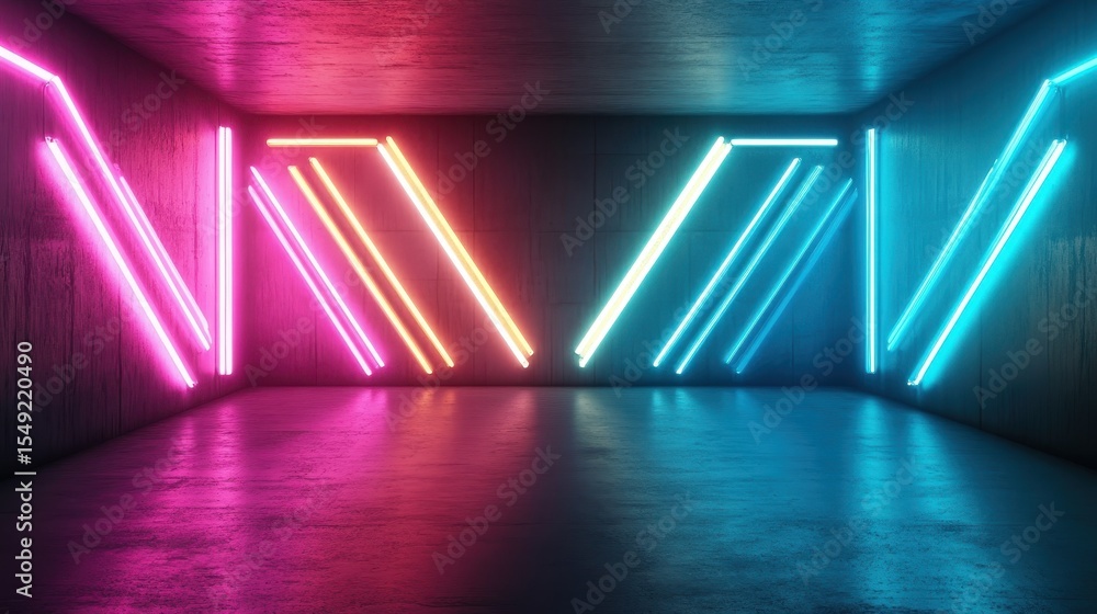 Poster an eye-catching abstract scene with vibrant neon lights shining in pink and blue, creating a dynamic