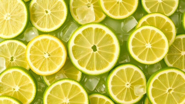 Top view of vibrant lemon slices with ice cubes on a green background. Bright, juicy citrus texture ideal for summer, drinks, freshness, health, and tropical food concepts.