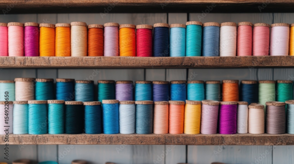 Poster a beautiful array of colorful sewing threads arranged neatly on wooden shelves, showcasing a perfect