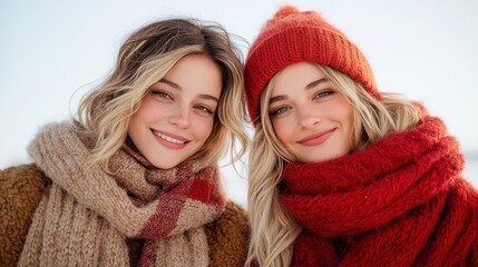 A joyful image of two young women bundled up in cozy winter attire, radiating happiness and friendship against a backdrop of serene snowy landscape.