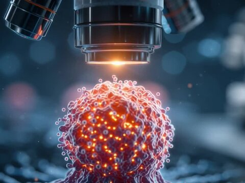 examining the virus through a microscope