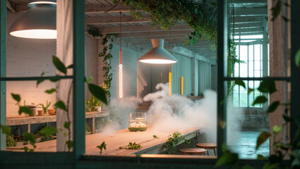 Atmospheric interior design with lush greenery hanging lights and ambient vapor in a greenhouse