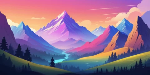 Fototapete Rund Warmes Lila Panoramic views of mountain landscapes at sunrise and sunset, with peaks touching the sky, surrounded by forests and green valleys  © nur