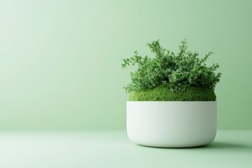 Verdant plant in a simple white pot against a pastel backdrop.