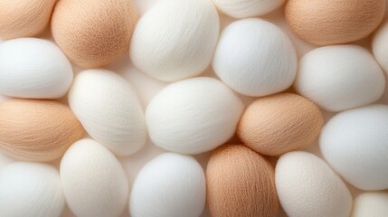 An assortment of beautifully crafted felt eggs in soothing neutral tones, perfect for seasonal decor designs or crafting inspirations, emphasizing texture and aesthetic appeal.