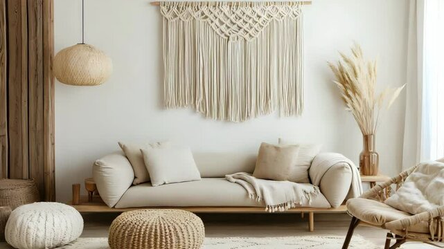 Soft and warm interior with neutral seating, macrame wall art, wood accents and Scandinavian simplicity