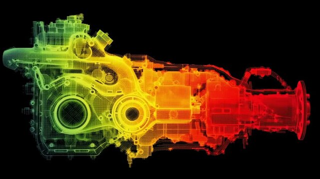 A heat map visualizing the correlation of temperature and vibration in an engine system with areas of high intensity marked in red signifying potential issues set against a gradient