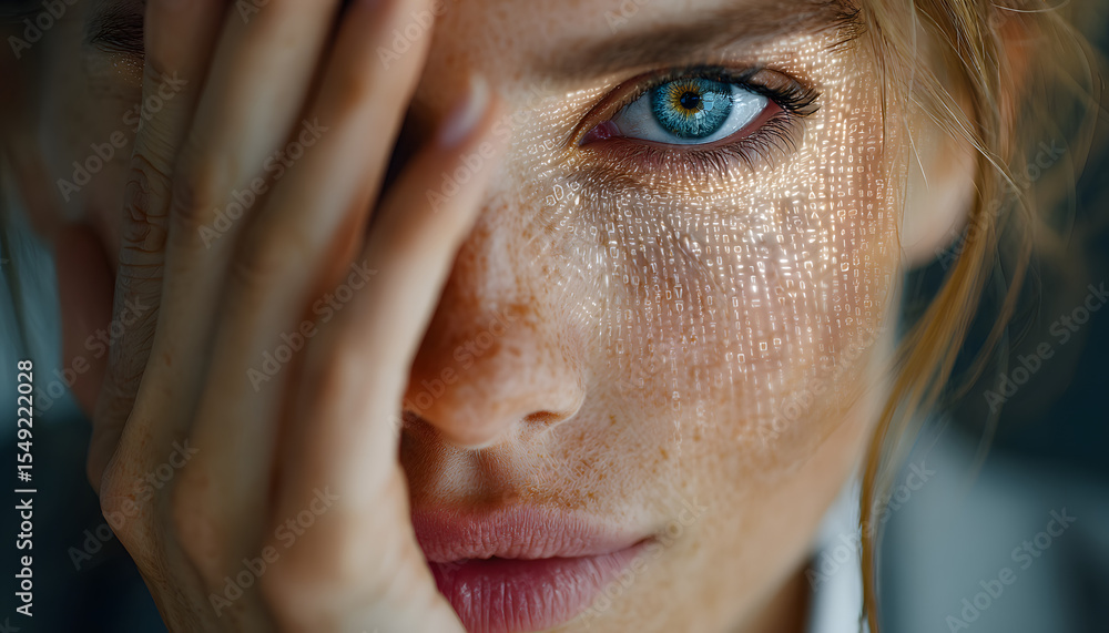 Poster digital eye exam woman s face with projected binary code highlighting ophthalmology technology