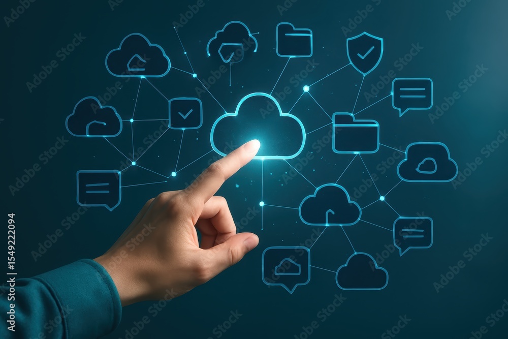 Aufkleber hand pointing at a cloud computing network graphic.