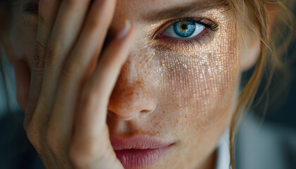 Digital Eye Exam Woman s Face With Projected Binary Code Highlighting Ophthalmology Technology