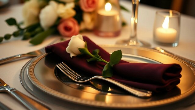 Beautifully arranged dinner table setting featuring a white rose on a burgundy napkin, surrounded by delicate candles and floral decor, setting a refined and romantic ambiance for a special meal or ev