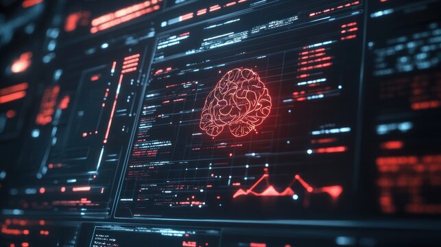 Digital brain graphic on a futuristic interface - Powered by Adobe