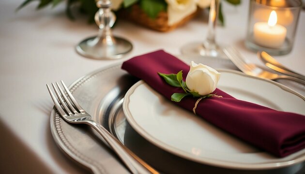 Beautifully arranged dinner table setting featuring a white rose on a burgundy napkin, surrounded by delicate candles and floral decor, setting a refined and romantic ambiance for a special meal or ev - Powered by Adobe