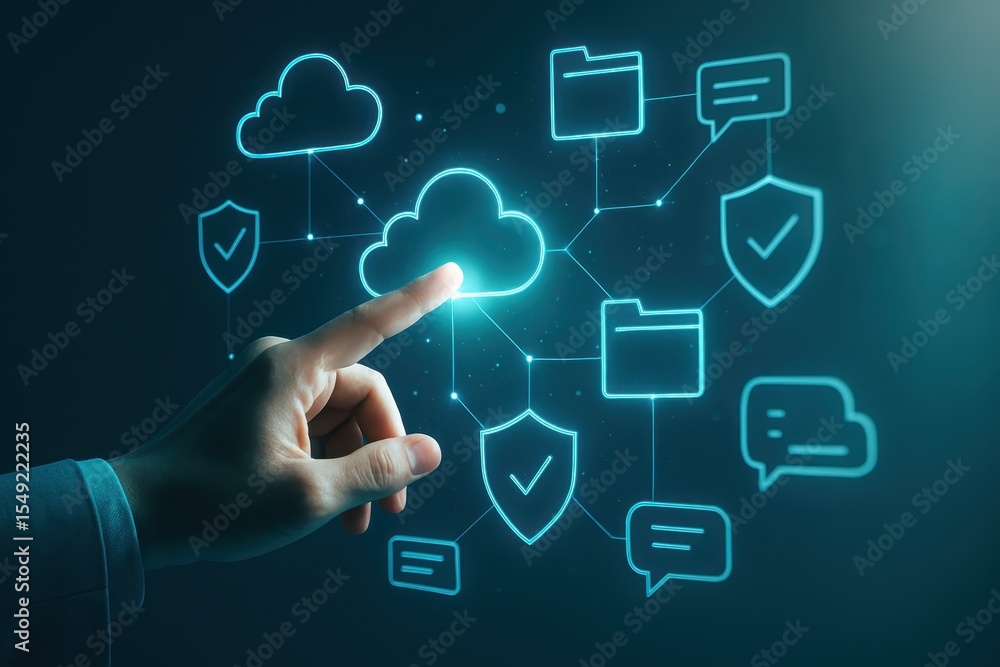 Aufkleber hand pointing to a cloud-based network system.