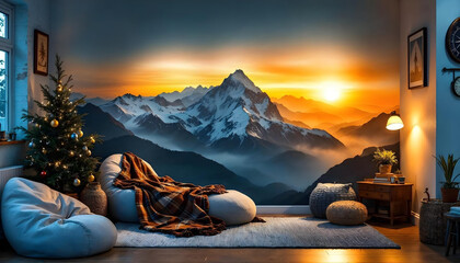 Creative software house office interior, no people, with colorful murals, beanbag chairs, and quirky decorations, bathed in natural light, clear sky, summer morning.