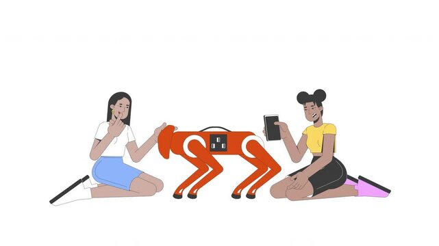 Two diverse young women interacting with robot dog 2D characters animation. Black girl taking photo mobile of quadruped robotic pet animated people cartoon 4K video isolated on white transparent