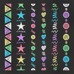 Set of Vertical Seamless Colorful Borders Chalk Drawn Sketches of Figures.