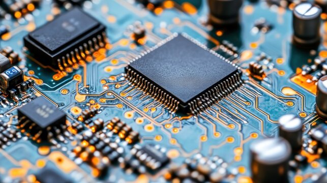 Close-up circuit board with microchip - Powered by Adobe