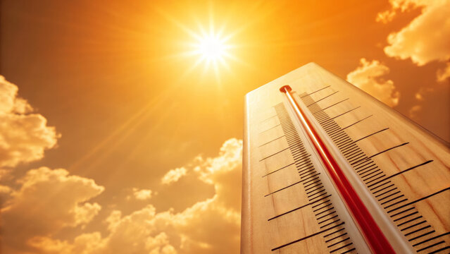 High temperature summer sun sky heat thermometer hot sunlight bright and intense heat warning. Heat stroke concepts