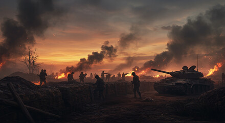 Fiery Sunset Battlefield Soldiers, Tank, and Wars Inferno