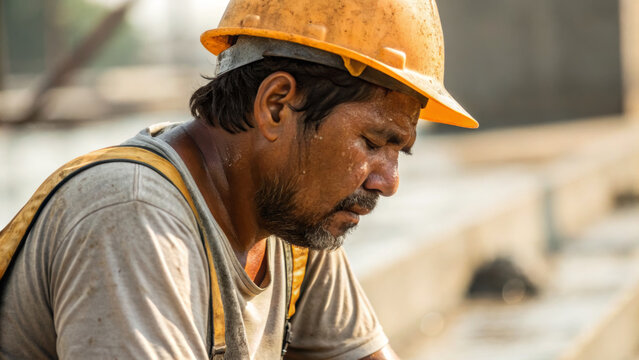 Construction worker male sweat tired helmet outdoor summer heat fatigue safety labor manual job. Heat stroke concepts