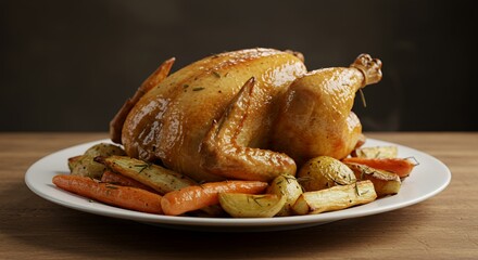 Golden-brown roasted chicken, glistening with savory juices, sits majestically on a pristine white plate, surrounded by perfectly roasted root vegetables, a heartwarming culinary masterpiece.