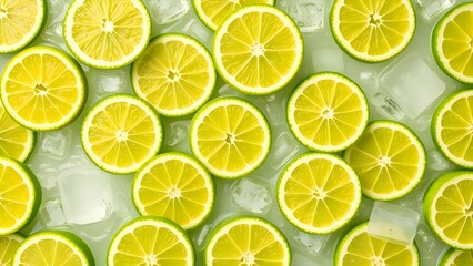 High resolution photo of juicy lemon slices with ice cubes on a light green liquid surface. Perfect for concepts of freshness, tropical drinks, summer vibes, and healthy lifestyle.