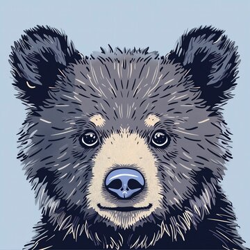 Cute Bear Cub Face Close-up Vector: Sky Blue Nose & Ash Gray Ears with Thick Outlines Solid BG