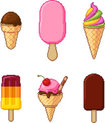 Assorted ice cream icons in pixel art style on white background. Includes popsicles, cones, scoops, and swirl. Fun and nostalgic dessert collection. Vector illustration.