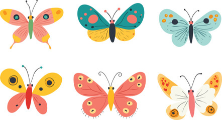 Collection of Six Colorful Butterfly Illustrations on a White Background