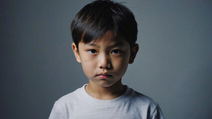 A young boy looking directly at the camera wearing a white t-shirt
