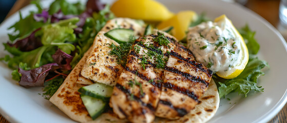 Grilled Chicken with Halloumi, Salad, and Tzatziki Sauce
