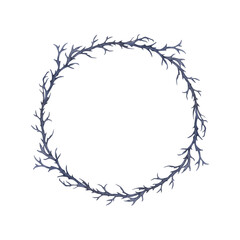 A round wreath of thorny, gnarled branches is dark blue in color. Watercolor illustration.