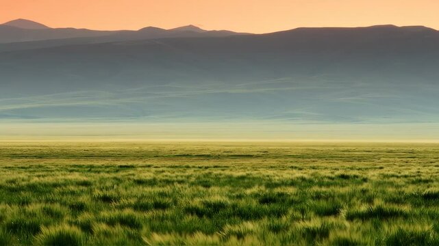 Serene landscape featuring a lush green field with mountain silhouettes at horizon
