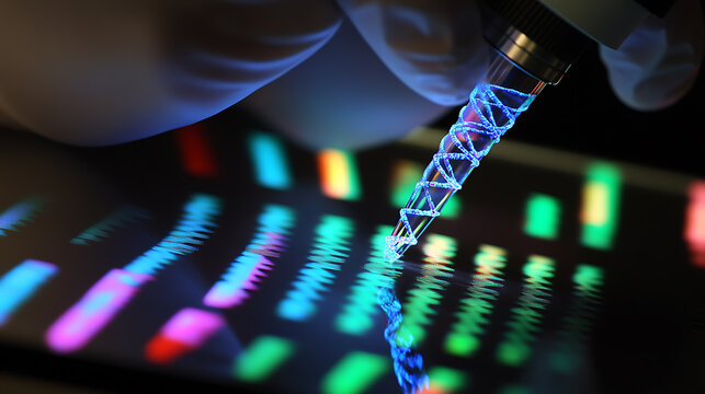 Scientist Analyzing DNA Structure with Microscope and Digital Display - Powered by Adobe