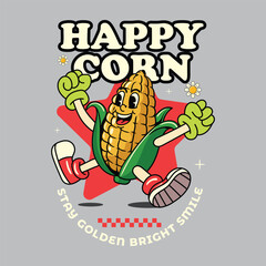 cute corn vegetable 70s retro comic cartoon character illustration