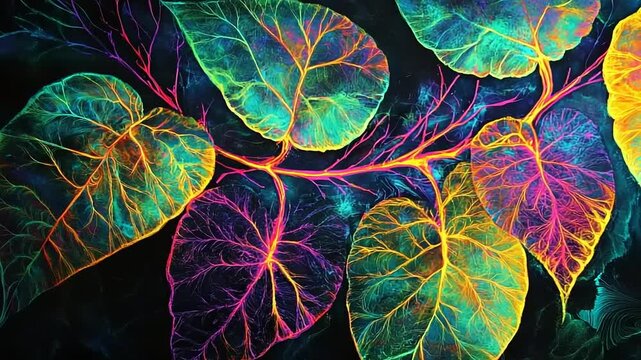 Vibrant, neon-colored leaves with intricate vein patterns against a dark background, showcasing nature's beauty