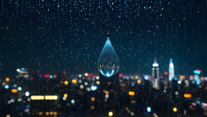 A solitary raindrop captures the soul of a cyberpunk metropolis — within its tiny sphere, a universe of glowing towers, drifting holograms, and endless motion blurs into a dream. A moment suspended in