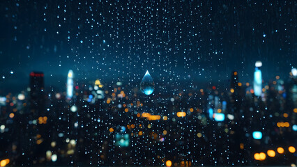 A solitary raindrop captures the soul of a cyberpunk metropolis — within its tiny sphere, a universe of glowing towers, drifting holograms, and endless motion blurs into a dream. A moment suspended in