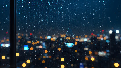 A solitary raindrop captures the soul of a cyberpunk metropolis — within its tiny sphere, a universe of glowing towers, drifting holograms, and endless motion blurs into a dream. A moment suspended in