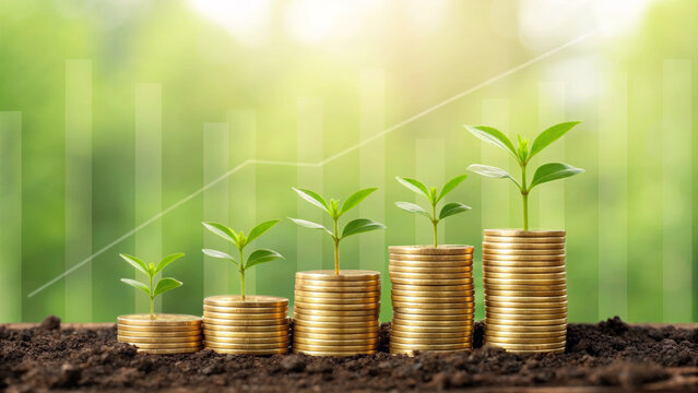 Inflation ,interest rates and global economy. Stacked coin plant growth finance investment savings wealth economic green success business