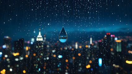 A solitary raindrop captures the soul of a cyberpunk metropolis — within its tiny sphere, a universe of glowing towers, drifting holograms, and endless motion blurs into a dream. A moment suspended in