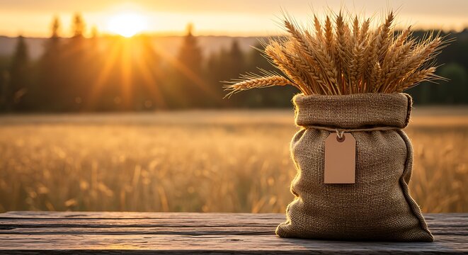 Golden Wheat Harvest Sunset Field with Burlap Sack of Grain