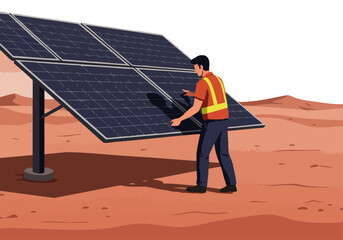 A technician adjusts a solar panel array on a desert landscape. Clear, professional image for renewable energy concepts and technology visuals.